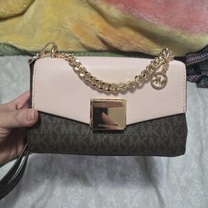 Michael Kors Pink and Brown Clutch with Gold Chain